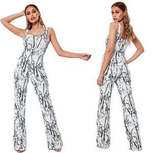 Misguided Black & White Marbled Print Square Neck Jumpsuit